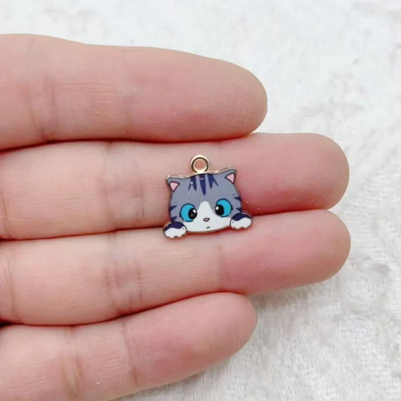10pcs Cute Cat Printed Cartoon DIY Alloy Drip Oil Accessories Keychain Pendant Necklace Pendant Decoration