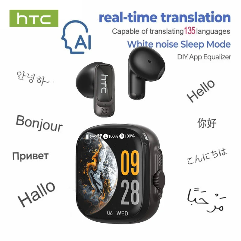 HTC NE72 TWS AI Translation Earbuds Translate Bluetooth 6.0 Headphones 30H Playtime with Smart Touch Screen for Travel Business