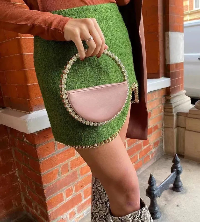 New Arrival Trendy Women Chic Round Satin Crossbody Hand Bag with Round Bling Crystal Handle Evening Party Bag Purse