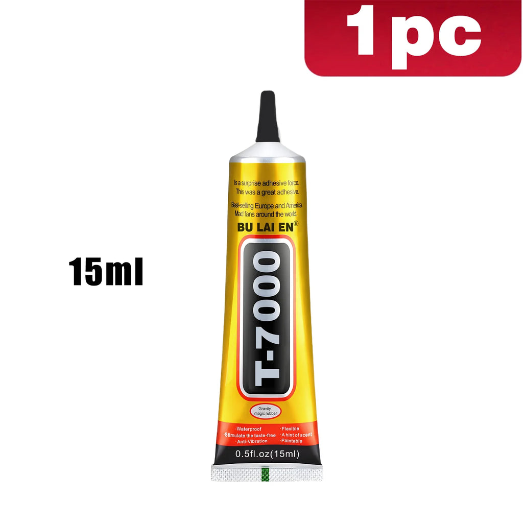 Black T-7000 glue, a semi-fluid black adhesive for precision repairs of crafts, electronics, phone screen replacements, do-it-yourself or DIY jewel making, and glass, wood, metal, and stones.
