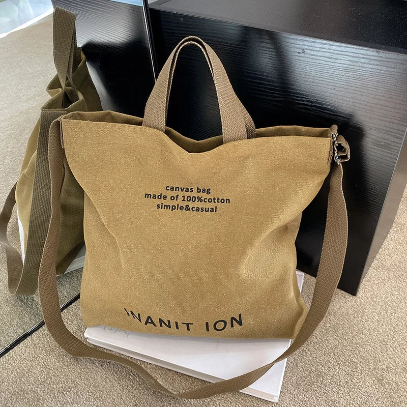 Washed canvas thickened handbag, large capacity trendy unisex crossbody bag, urban artistic student handbag and crossbody bag