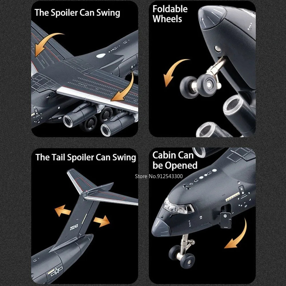 1:180 Scale Y-20 Transport Aircraft Model Toy Metal Body Pull Back Foldable Nose Wheel Military Plane Models Children's Gifts