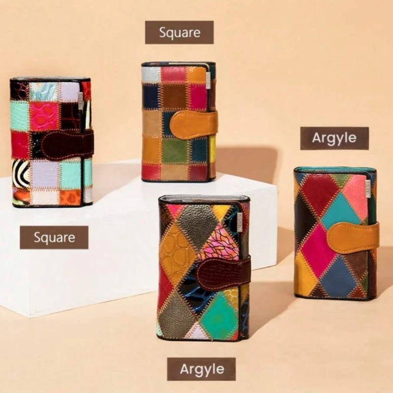 Elegant Ladies Handmade Bag Short Wallet Diamond/Grid Pattern Colourful Splicing Multi Card Position Head Layer Cowhide Ladies Coin Purse Christmas Gifts For Women