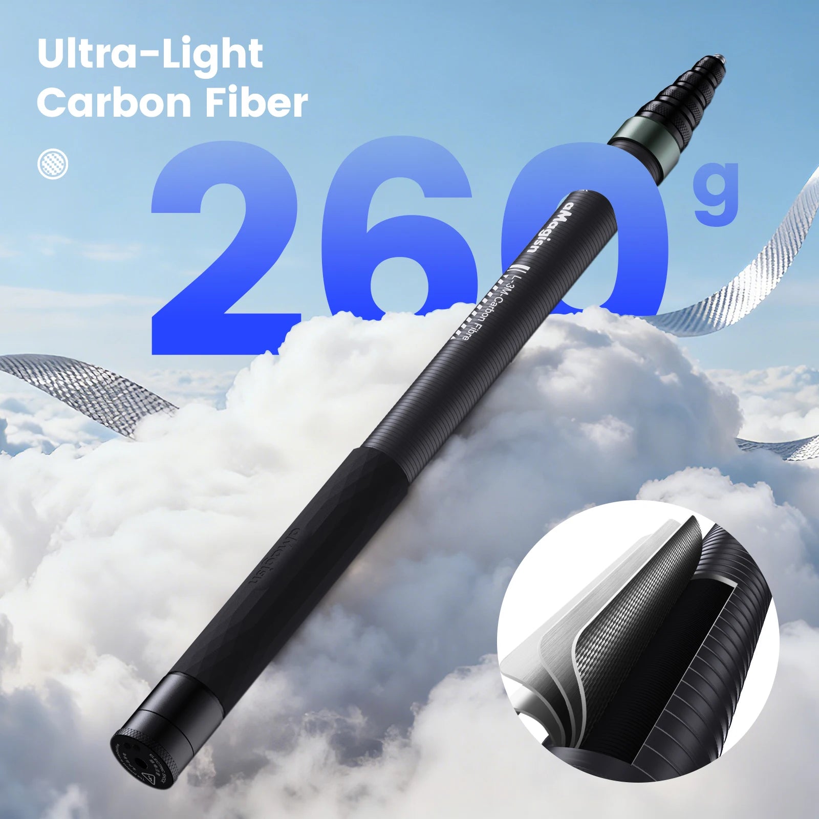 aMagisn 3m Invisible Selfie Stick , Carbon Fiber Extended Monopod 118" for Gopro Max DJI 360 Insta360 X3 X4 Air X5 Accessories
