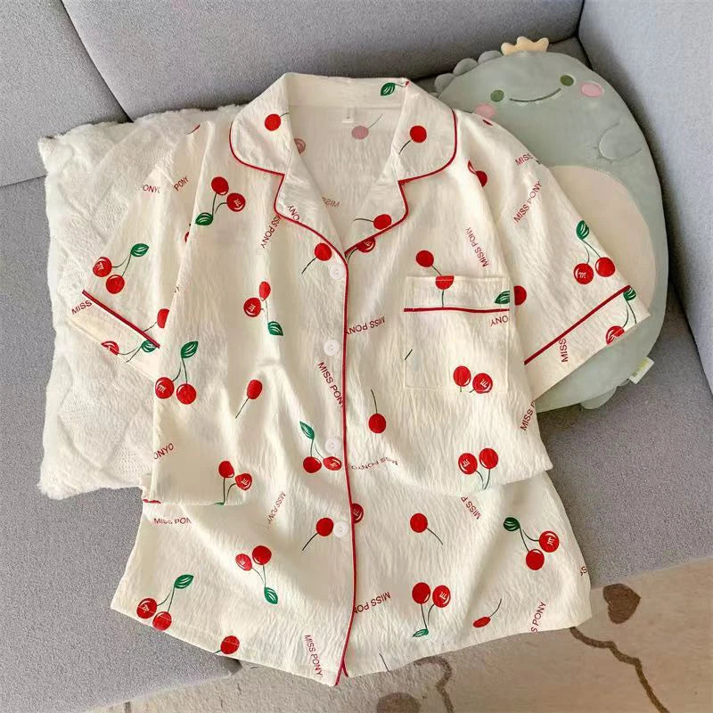 Women's Summer Pajamas, Thin Cherry-Patterned Short-Sleeved Shorts, Sweet and Cute, Can Be Worn Outside in Summer, Two-Piece Home Wear Set
