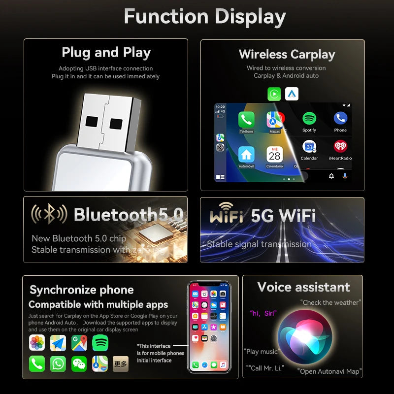 2026 Wireless CarPlay Box, suitable for Android Auto and iOS | High speed 5GHz WiFi, low latency, plug and play universal car adapter, supports wireless connection, OTA online updates, compatible with most cars, USB power sup