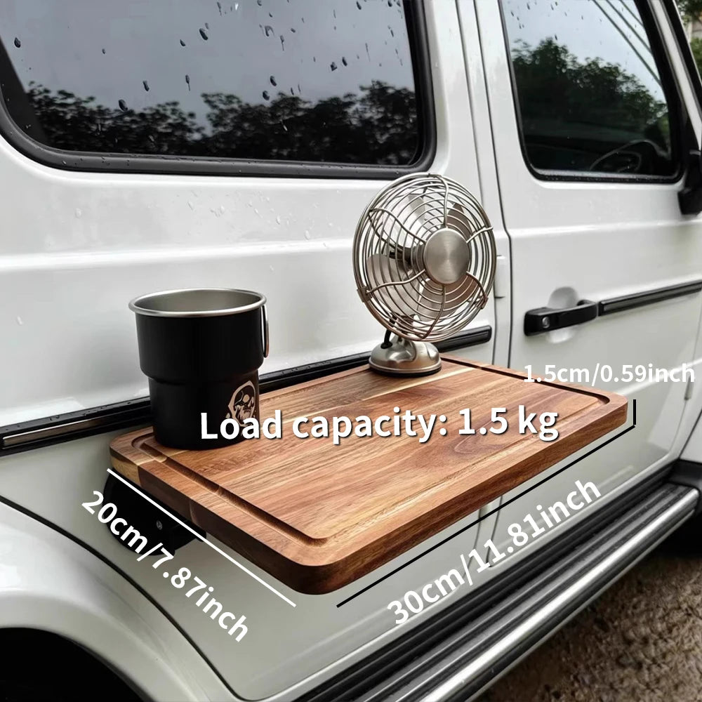 1PC Car Side Folding Wooden Table Outdoor Camping Vehicle Door Mount Tray Auto Cup Holder Storage Rack SUV Travel Accessory