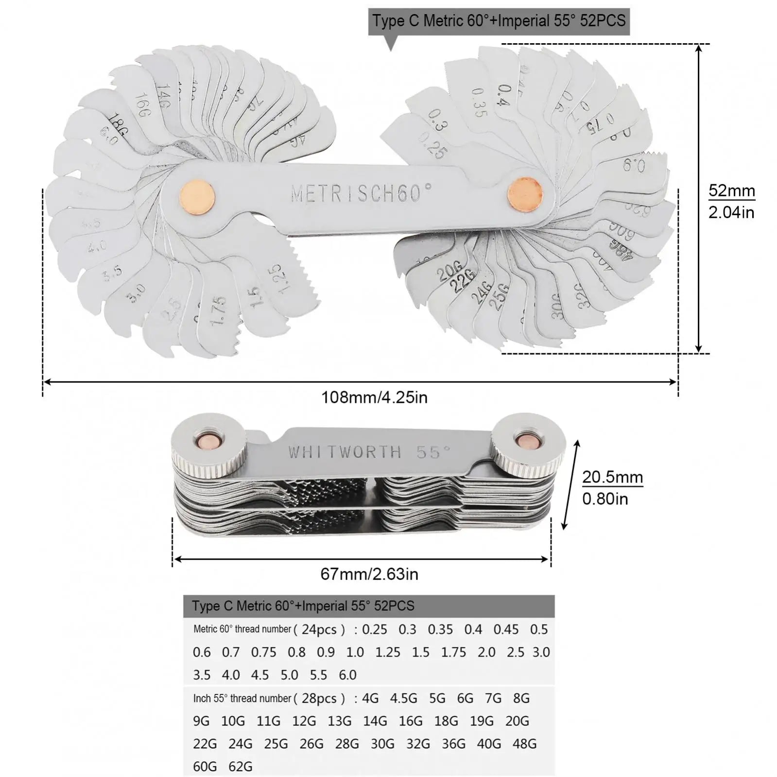 4pcs/set Metric Imperial US Screw Gauge 55 Degree 60 Degree Thread Pitch Gauge for Industrial Measurement