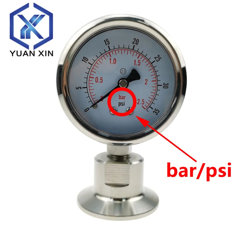 SS316L Stainless Steel Diaphragm Pressure Gauge TC50.5mm/64mm Bar/psi and Psi/Mpa