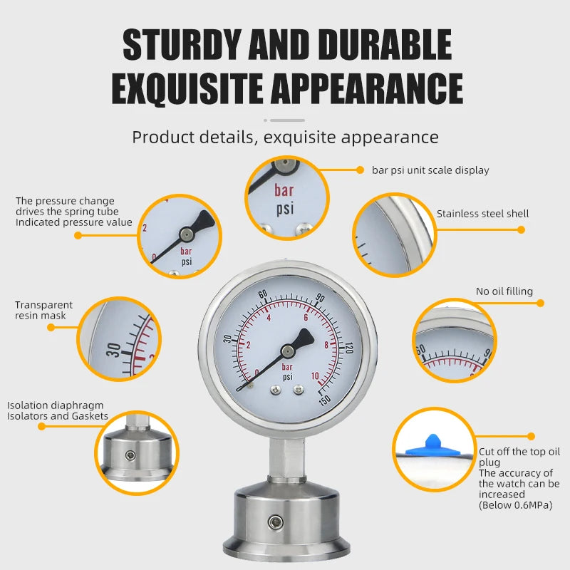Diaphragm Pressure Gauge Stainless Steel Integrated Sanitary Vacuum Gauge 60mm 50.5 Connection-40-200°