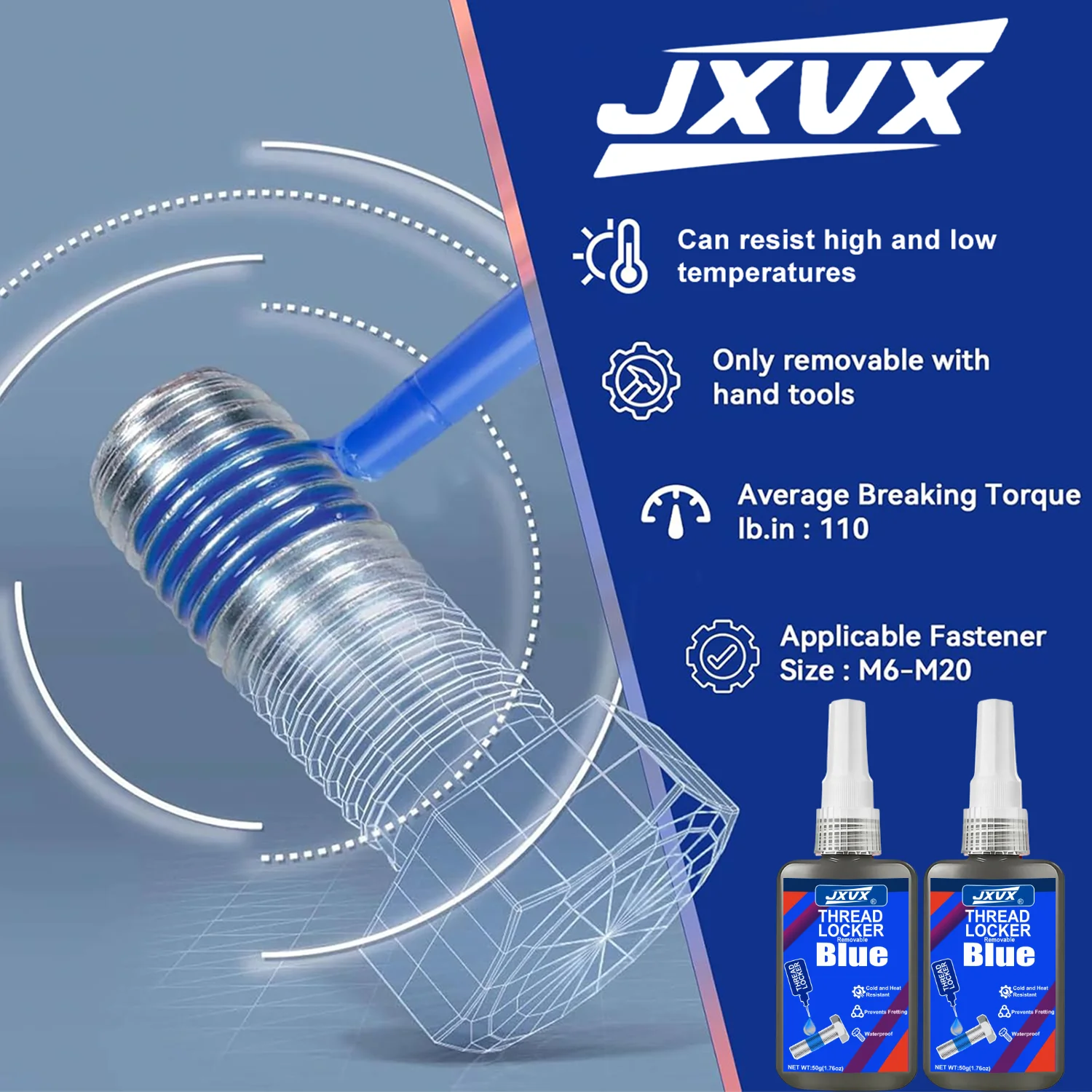 JXVX 50ml Blue Medium Strength Threadlockers, Universal Anaerobic Thread Quickly Cured Adhesives, For All Metal Threaded Components, Removable Waterproof Curing Metal Glue,Rustproof.