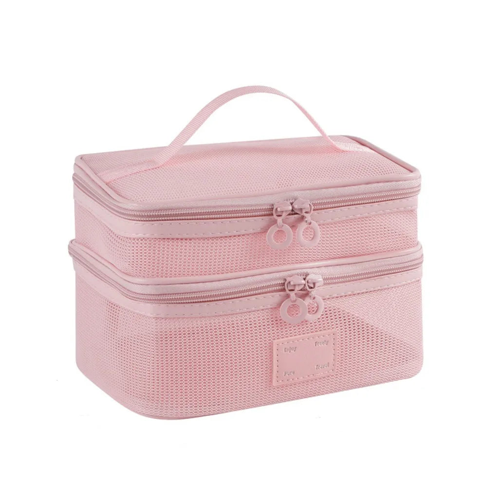 Portable Mesh Handheld Makeup Bag Square Lightweight Storage Toiletry Bag Zipper Large Capacity Transparent Mesh Cosmetic Bag