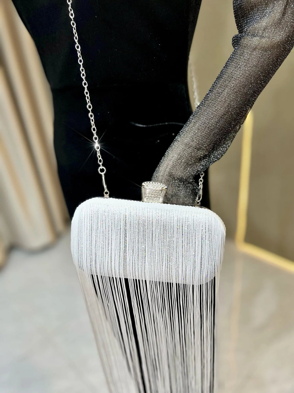New Unique Sparkly Evening Bag with Long Tassels, Women Multi-purpose Handheld Shoulder Crossbody Purse for Formal Wedding Party