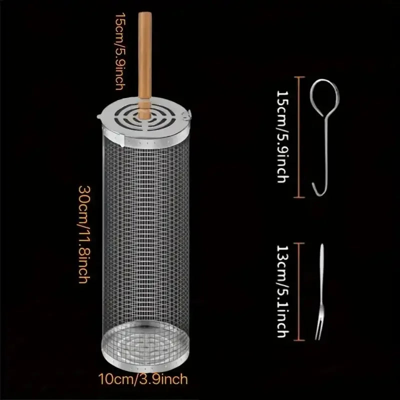 Round Barbecue Grill Basket Set, Stainless Steel Rolling BBQ Cage, Wire Mesh Cylinder Grilling Rack, Outdoor Camping Essential