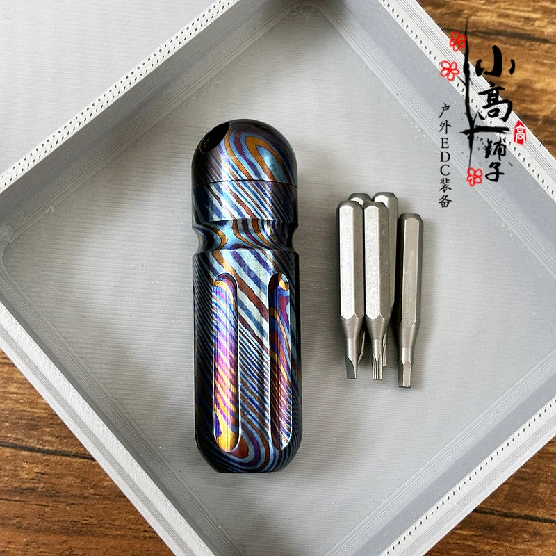 Titanium Damascus EDC Multi-Tool | Portable Screwdriver Bit Holder & Waterproof Canister