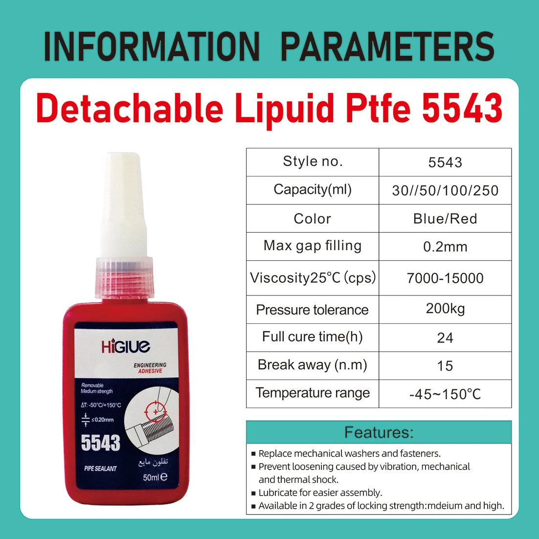 50ml 5543 Pipe Sealant, Liquid PTFE Tape, Thread Locker, Anaerobic Adhesive, Can Replace Mechanical Gaskets and Fasteners