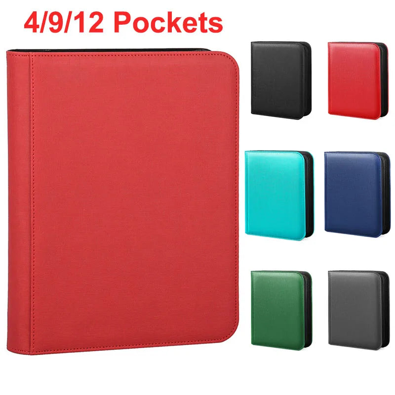 9/12 Pocket Leather Trading Card Album Folder - 360/480 Side Loading Pocket Binder Full Zipper for Game Cards & Sports Cards
