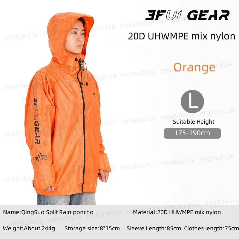 3F UL GEAR QingSuo Spilt Rain Poncho Outdoor Ultralight Sleeve Rain Coats 15D Nylon Waterproof Hiking Cycling Mountaineering