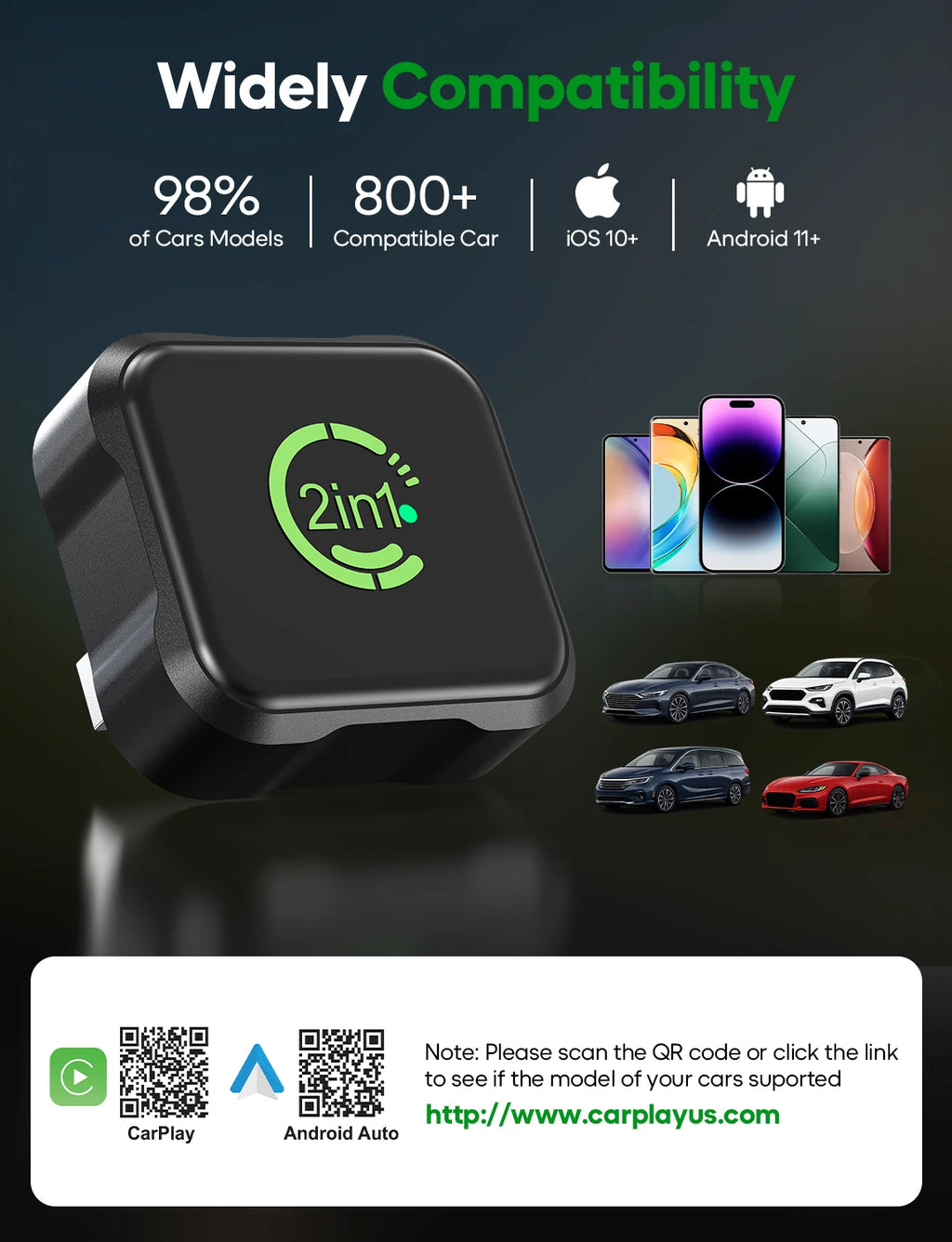 2026 Upgraded Wireless CarPlay & Android Auto Adapter, 2-in-1 Mini Size Plug and Play Adapter for iPhone & Android Auto, Seamless Connection for Convert Wired to Wireless Car Play, USB/USB-C Port