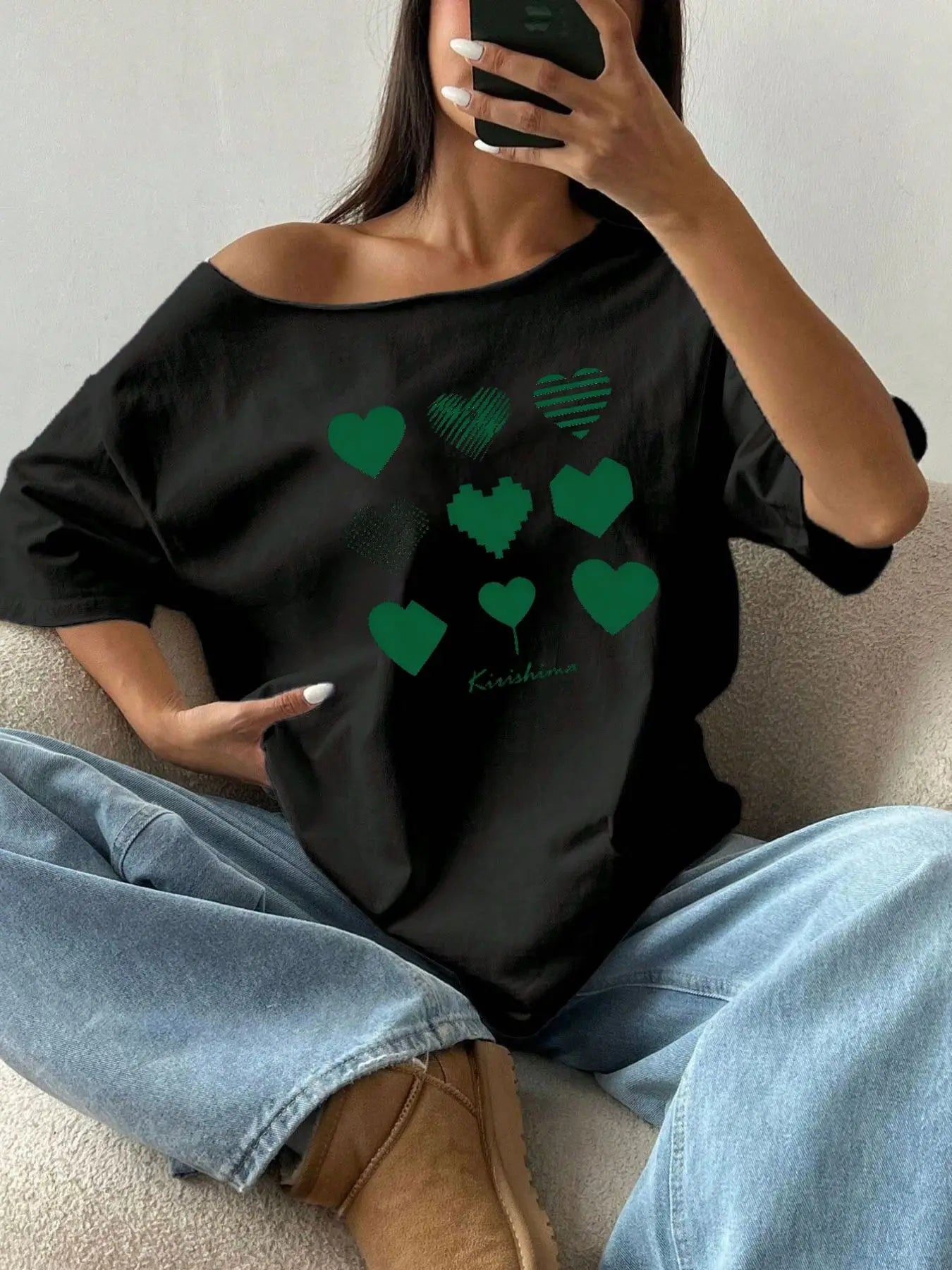 100% Cotton Plus Size Green Heart Pattern Shoulder Loose Print T-Shirt Oversized Y2K Style Graphic Tees Women Tops Summer Off