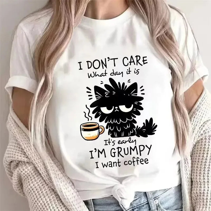 Plus-size I Want Coffee T Shirt Women Funny Cat Tshirt Summer Short Sleeve Y2k Tops Fashion Hip Hop Tees Clothes