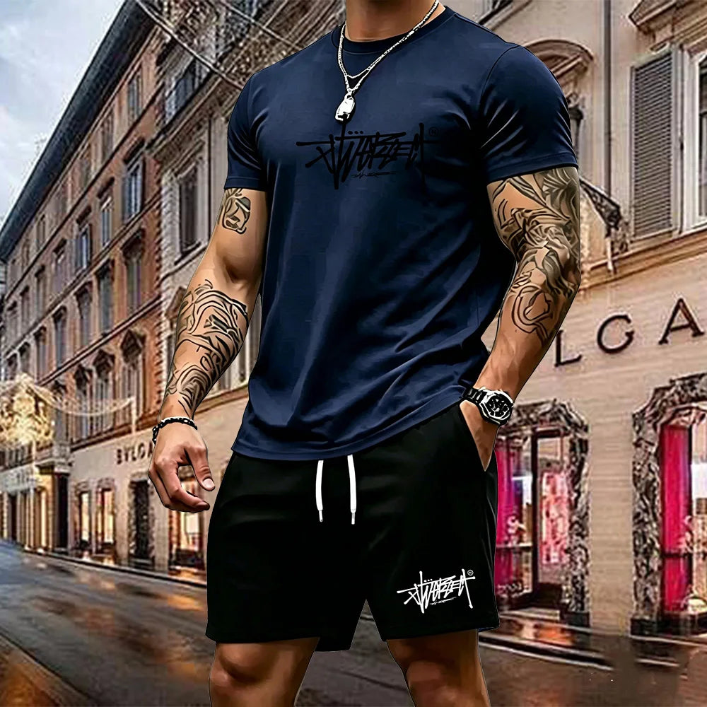 2026 Summer Street Style New Trend High Quality Men's T-shirt Set Suitable for Outdoor Leisure Sports Short Sleeves