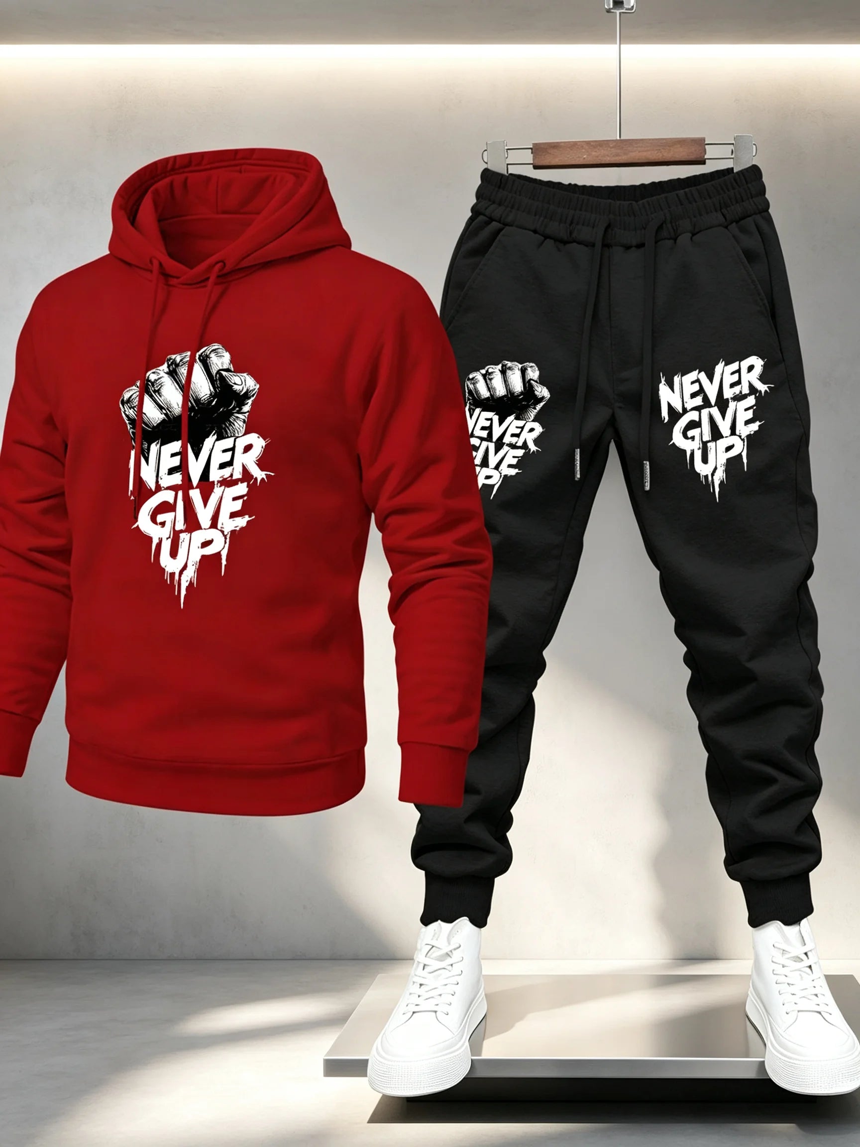 Men’s Motivational Slogan Two-Piece Tracksuit Fist Graphic Never Give Up Print Hooded Sweatshirt Jogger Pants Set Outfit
