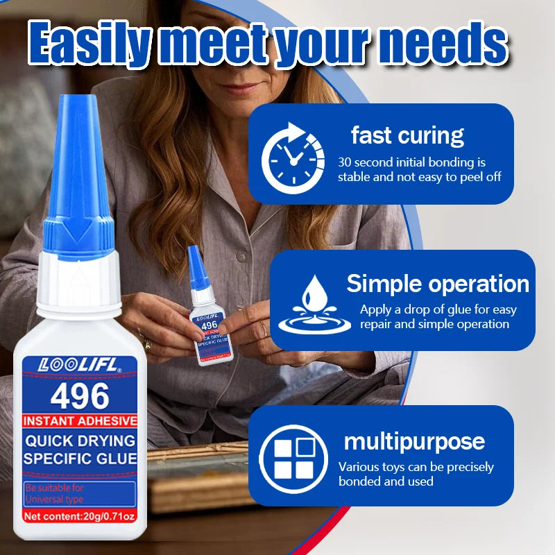 LOOLIFL 496 high strength instant glue, super glue, cyanoacrylate glue, suitable for glass, metal, plastic, wood, rubber, not easy to whiten, long lasting, send glue tube, factory direct, 20ml, 1-3pcs.