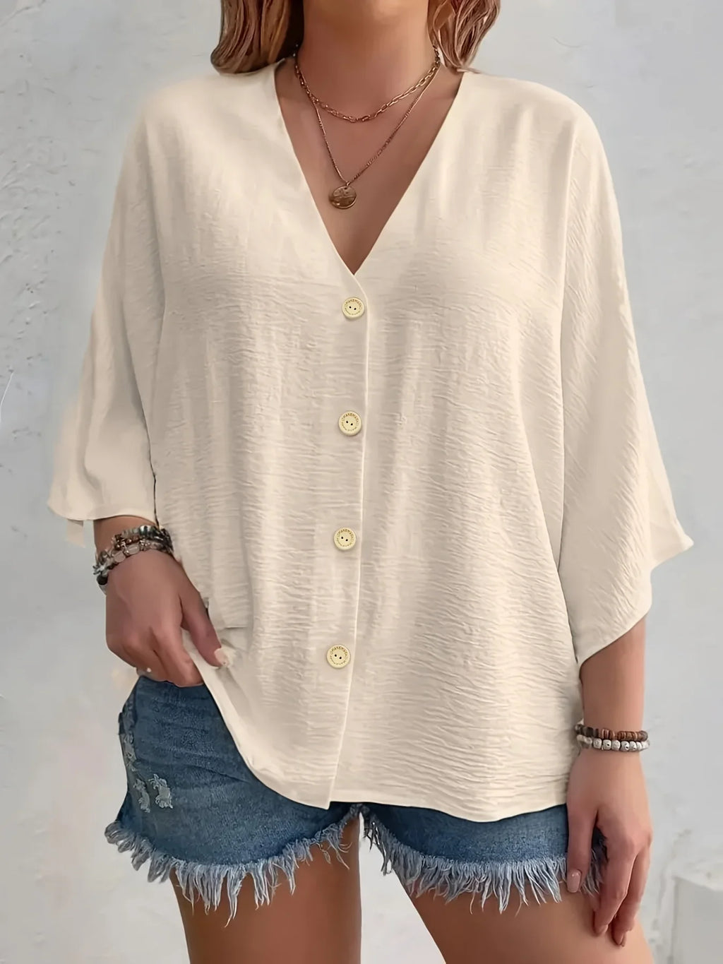 Plus-size Women's T-shirt Solid Color Breathable Spring/summer V-neck Button Travel Casual Wear with European and American Style
