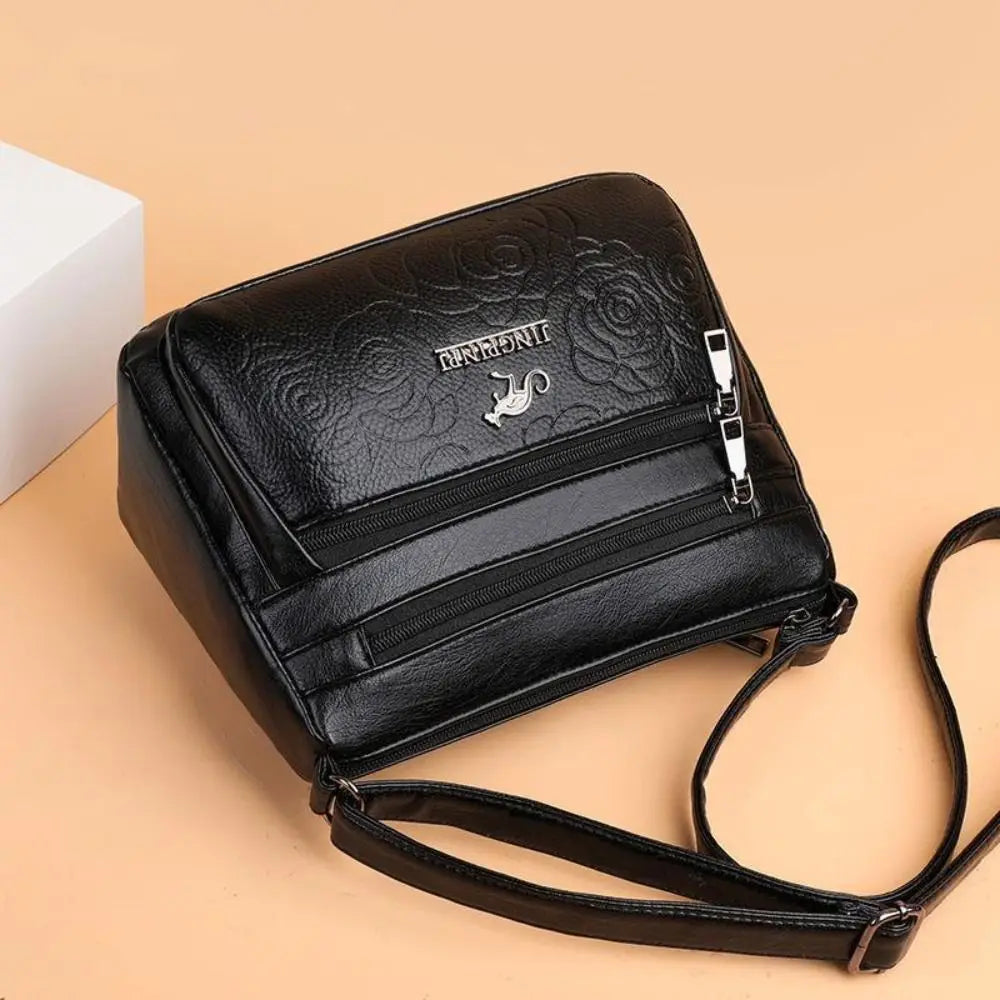 Fashion PU Leather Buying Vegetable Bag Black Multi-layer Middle-aged Mother's Bag Large Capacity Shoulder Messenger Bag Woman