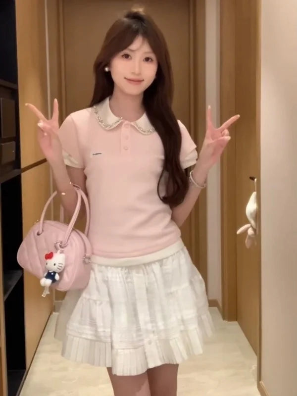 Fashionable Short Sleeve T-Shirt Women's Summer Style Color Block Doll Collar Top Miu Series Fake Two-Piece Casual Wear