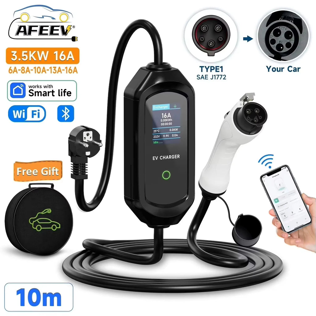 AFEEV Portable EV Charger Type2 IEC62196-2 EVSE Fast Charging Cable Type1 SAE J1772 Wallbox WiFi APP Bluetooth Wireless Control