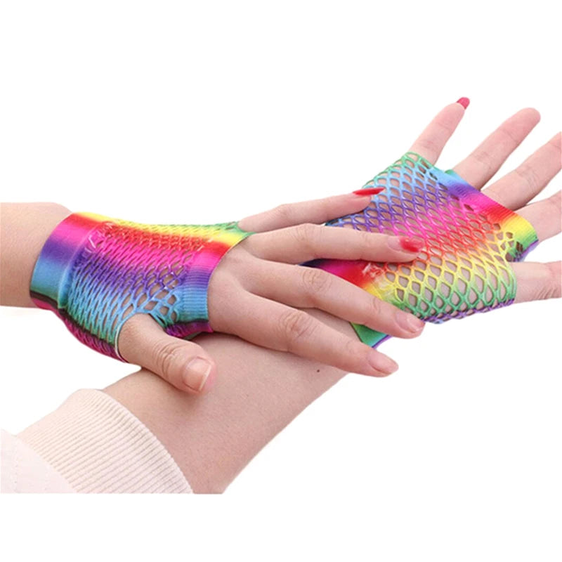 1Pair Rainbow Color Ladies Sexy Mesh Net Fishnet Gloves Women Hollow Out Holes Fingerless Gloves Mountaineering Gloves