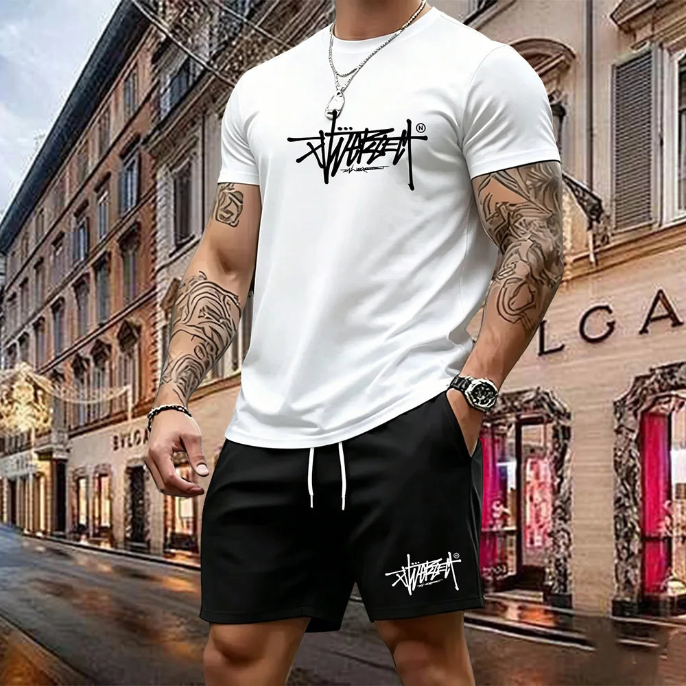 2026 Summer Street Style New Trend High Quality Men's T-shirt Set Suitable for Outdoor Leisure Sports Short Sleeves