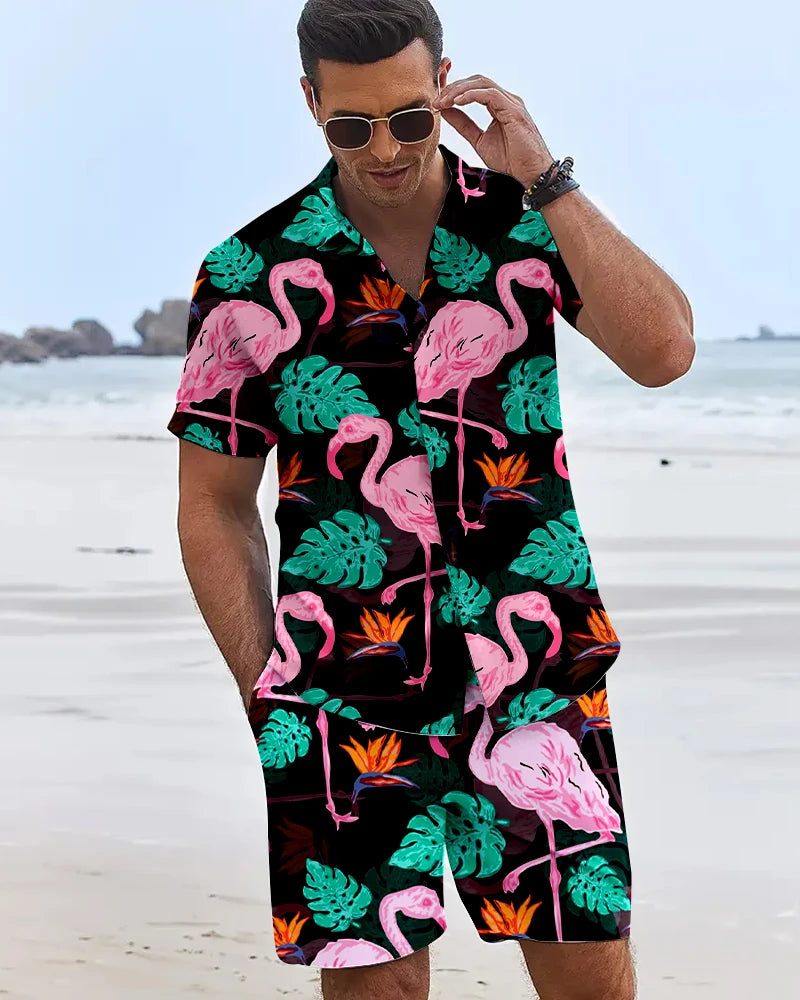 Funny 3D Flamingo Printed Men's Shirts Hawaiian Beach Vacation Short Sleeve Shorts 2 Piece Summer Hip Hop Trend Fashion Men Sets