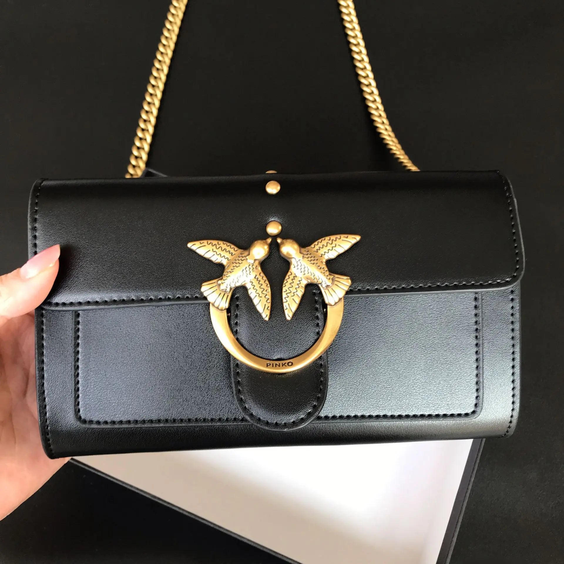 New pinko-style genuine leather swallow bag, envelope small wallet, chain shoulder bag, crossbody bag, clutch, women's handbag