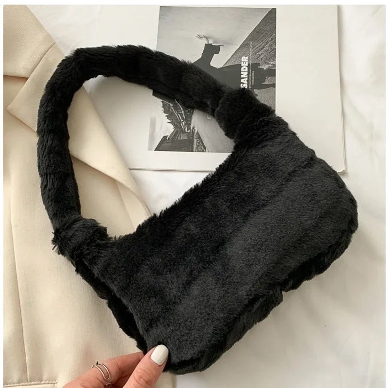 New Fluffy Totes Soft Plush Shoulder Underarm Bag Solid Color Purse Autumn Winter Handbag Women Lady Fashion Storage Pouch