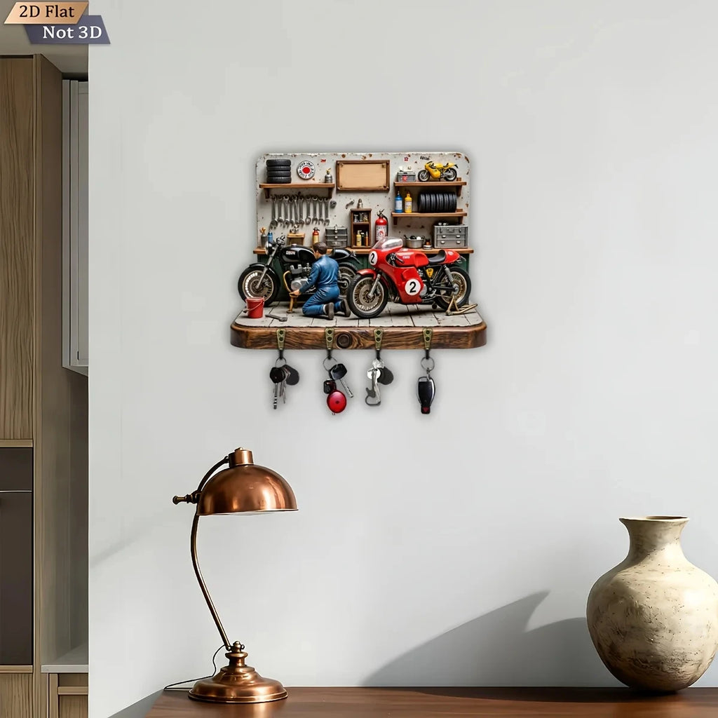 2D Flat, 1pc,  Motorcycle Repair Themed Key Hook, Wooden Multifunctional Home Key Rack, with Four Metal Hooks, Wall Decoration,