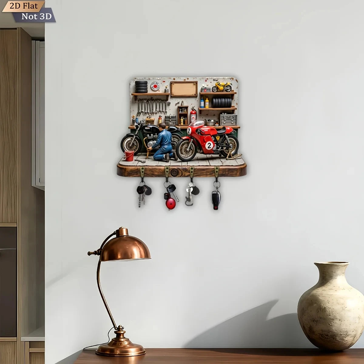 2D Flat, 1pc,  Motorcycle Repair Themed Key Hook, Wooden Multifunctional Home Key Rack, with Four Metal Hooks, Wall Decoration,