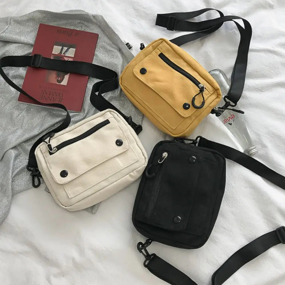Korean Pure Color Canvas Shoulder Bag Zipper Canvas Mobile Phone Bag Multifunctional Casual Tote Handbag Women Men