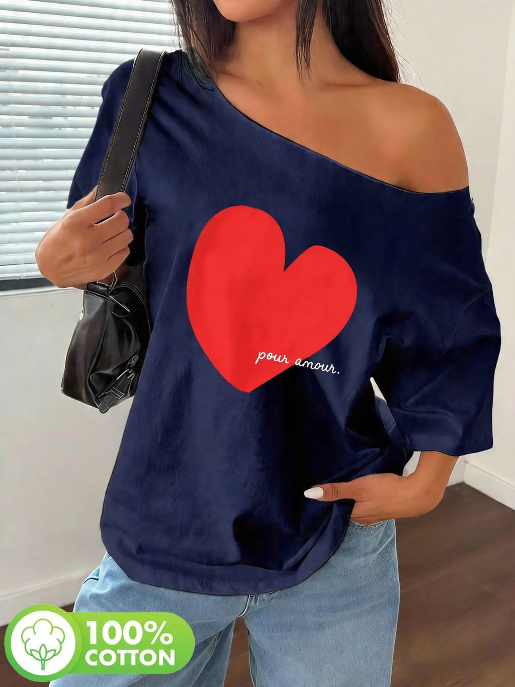 Plus Size Large Red Watercolor Heart Graphic Tee with Pour Aimer Text, Soft Handcrafted Feel, Y2K Oversized Loose Fit Summer