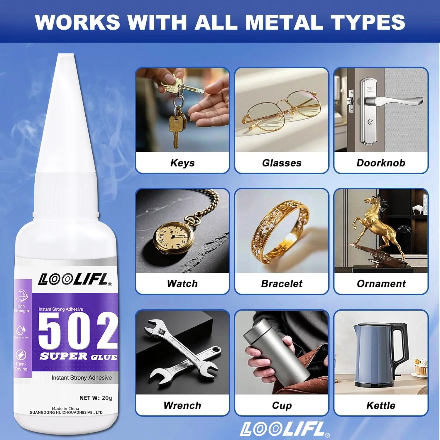 Loolifl 502 Super Glue Multi-Purpose Adhesive, Suitable for Metal, Plastic, Diy, and Small Craft Repairs 20g Quick-Drying Glue