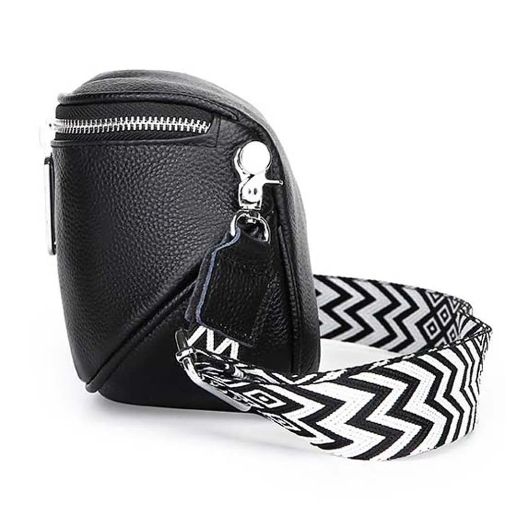 Bum Bag Leather Crossbody Bag Cowhide Texture Double Zippers Saddle Bag Jacquard Strap Solid Color Chest Pack Outdoor Travel