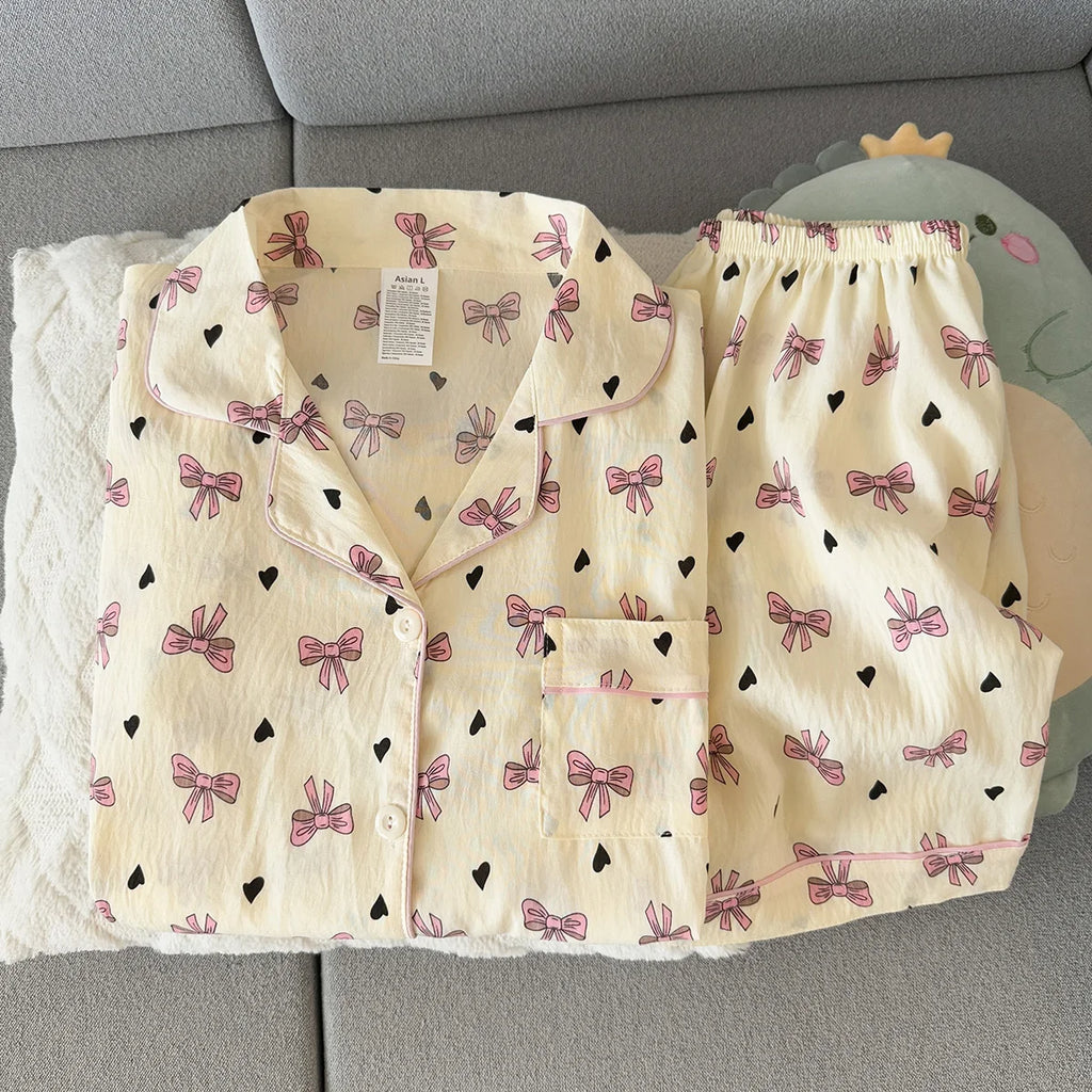 Women's Summer Pajamas, Thin Style with Bow Pattern, Short-Sleeved Shorts, Sweet and Cute, Can Be Worn Outside in Summer, Home Wear Set, Two-Piece Set