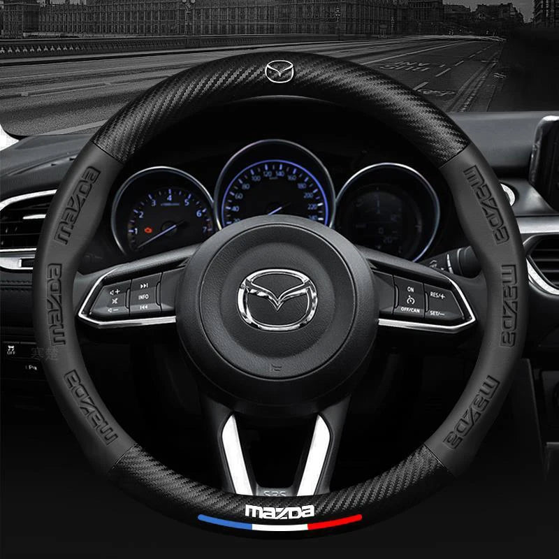 For Mazda 3 5 6 SKYACTIV CX30 CX5 CX8 CX9 MX5 RX8 RX7 BT50 Axela Atenza Car Steering Wheel Cover Carbon fiber Leathe Accessories