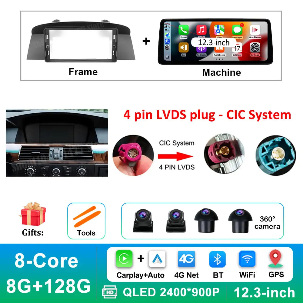 12.3 '' Ultra-thin Screen Android 16 BT for BMW 5 Series E60 E61 E62 2004 - 2012 CIC CCC System GPS Car Video Multimedia Player