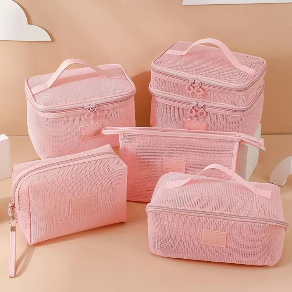 Portable Mesh Handheld Makeup Bag Square Lightweight Storage Toiletry Bag Zipper Large Capacity Transparent Mesh Cosmetic Bag