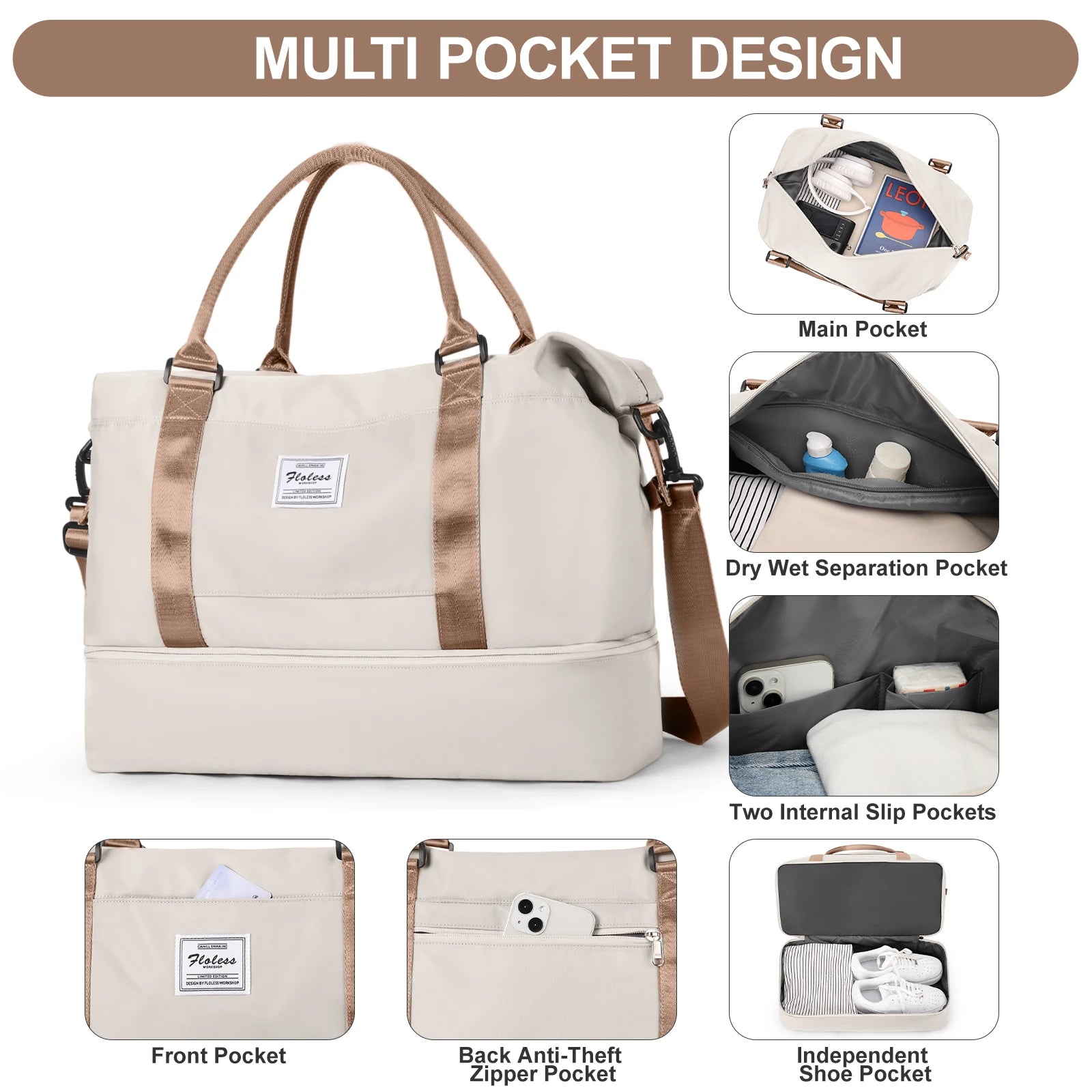 Travel Tote Bag, Lightweight Handbag with Shoe Compartment, Large Capacity Crossbody Shoulder Bag, Cabin Travel Bag, Sports Bag