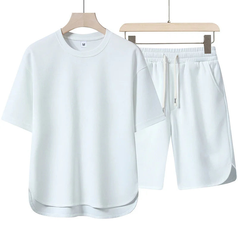 2026 Summer New Men Suit Round Neck Short Sleeve T-shirt+shorts Two Piece Set Loose Outdoor Sports Casual Solid Color Tracksuit
