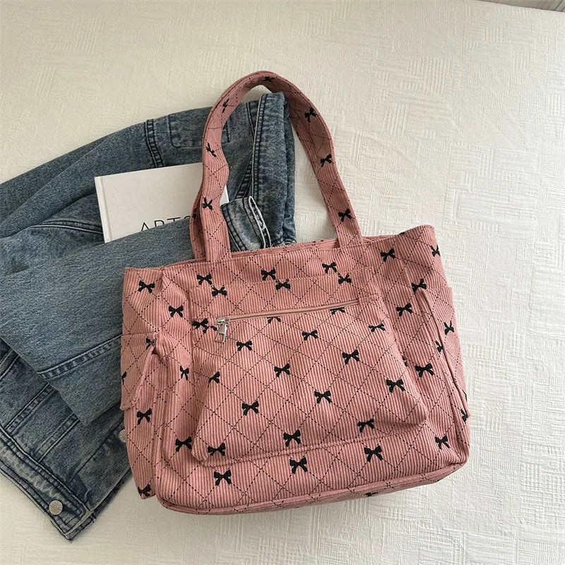 Large Capacity Corduroy Casual Tote Bags For Ladies, Casual Bow Pattern Commuting Handbags Women's For Shopping